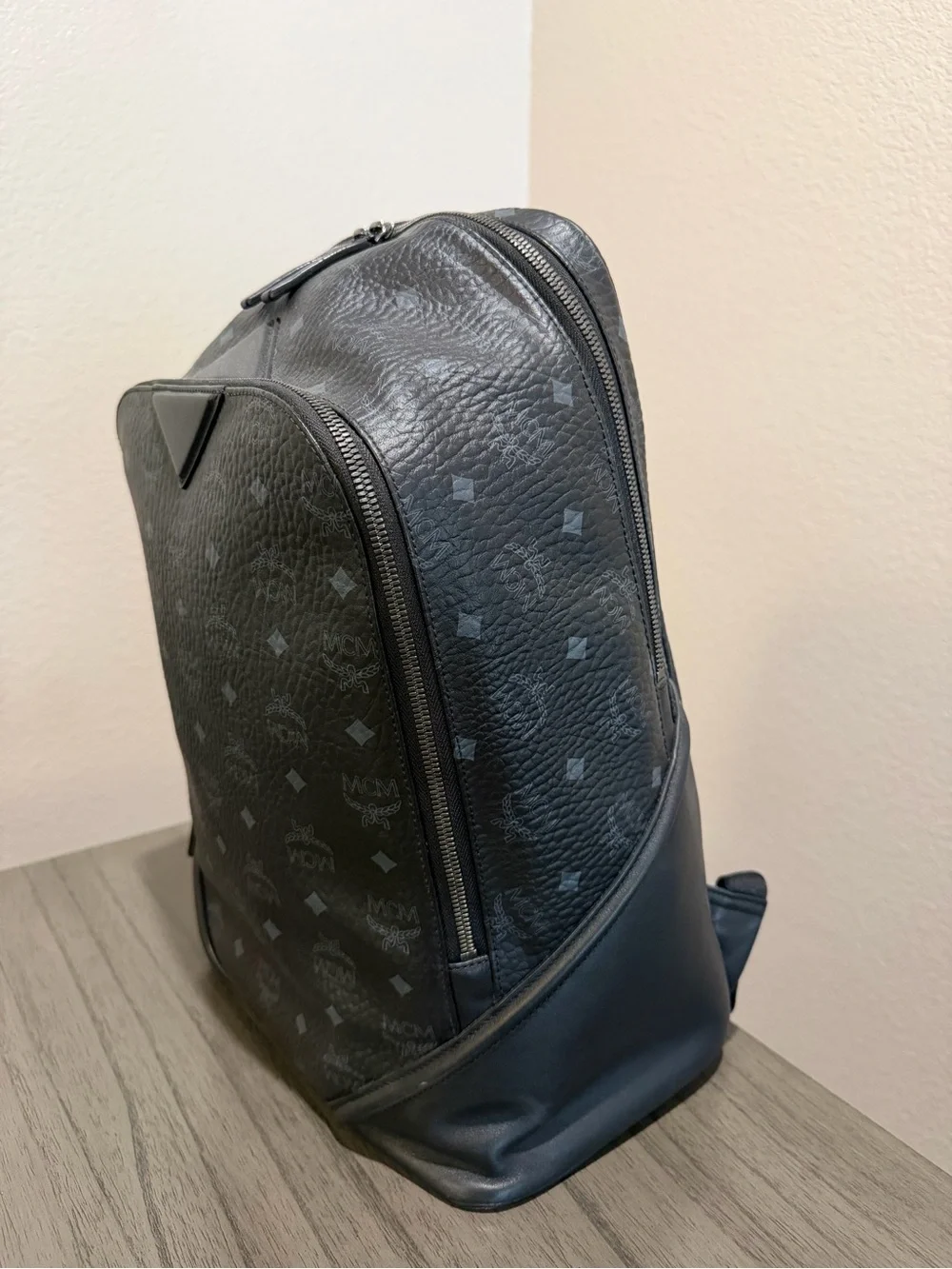 MCM Black Monogram Textured Leather Backpack